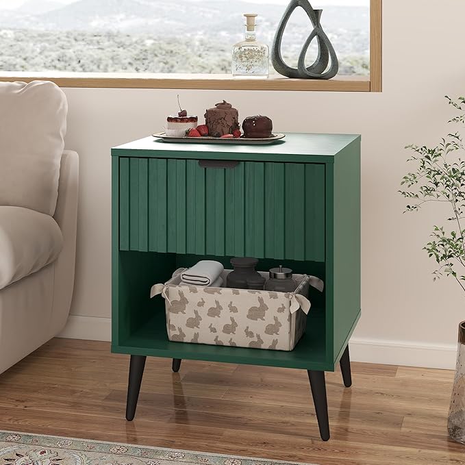 Fluted Nightstand, Natural Wood Nightstand with Drawer and Open Storage, Mid Century Fluted Side Table Modern Bedside Stand with Wood Veneer for Bedroom, Office, Green
