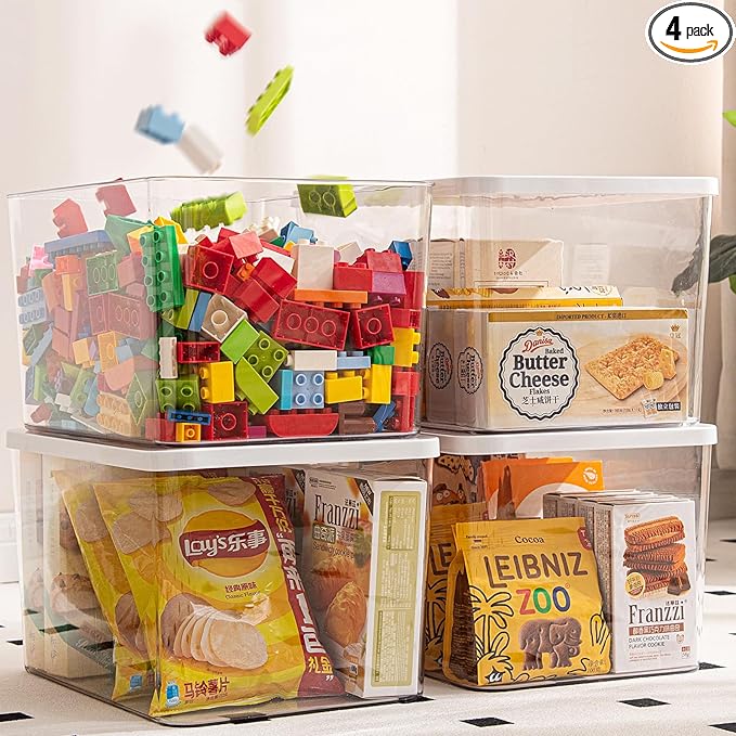 Clear plastic storage bins with LIDS-4packs,storage containers for snacks, cosmetics, books, dog food, Storage Organizer for Nursery，Kitchen, Living room,Bedroom, Bathroom, Office (Clear-White Lid)