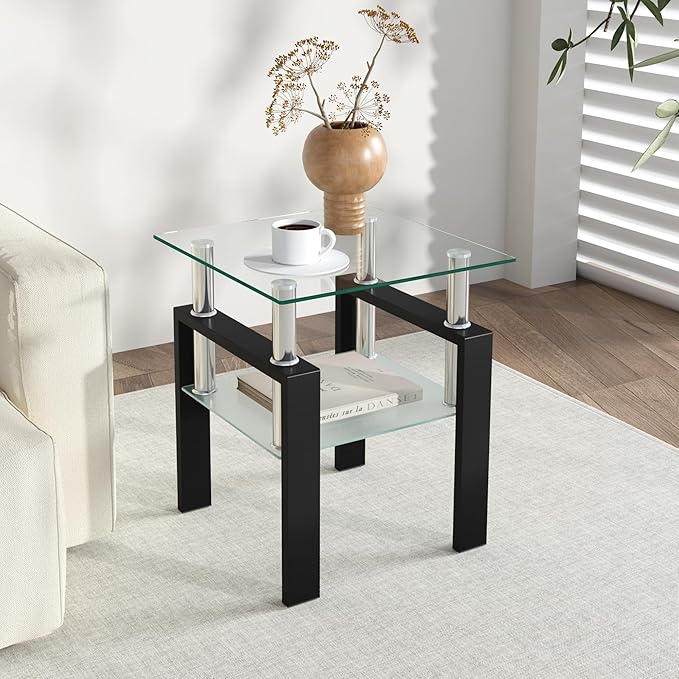 IANIYA Modern Glass End Table, 2-Tier Side Table with Tempered Glass Top & Metal Legs, Night Stand Corner Table for Living Room, Bedroom