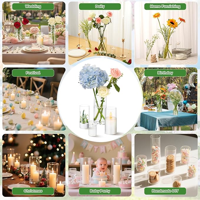 12pcs Clear Glass Cylinder Vases, 4, 6, 7.5, 10 Inch Tall Cylinder Vases for Centerpieces,Glass Flower Vase Hurricane Floating Candle Holder Vase for Table Shelf, Wedding, Party,Home & Office Decor