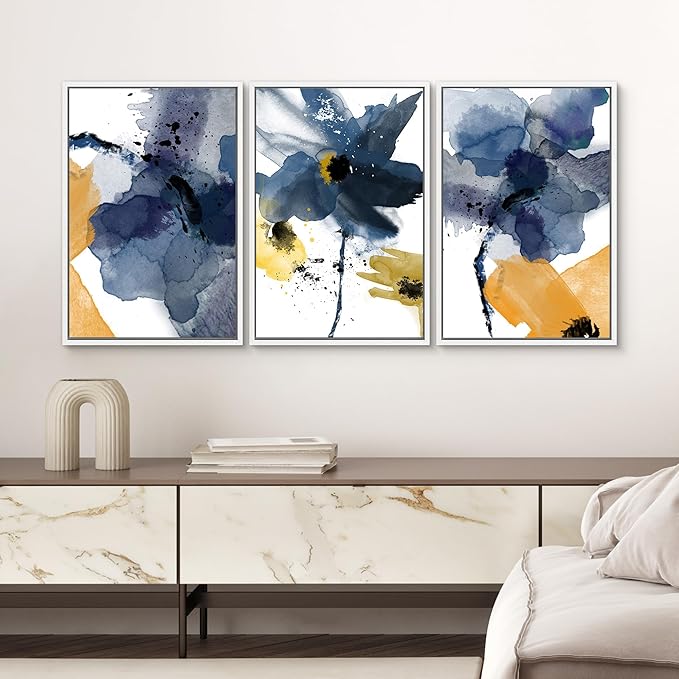 SIGNWIN Framed Canvas Wall Art Blue and Orange Blossoms Botanical Flower Watercolor Modern Art Tropical Relax/Calm for Living Room, Bedroom, Office - 24"x36"x3 White