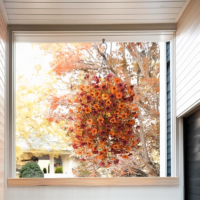 Artificial Faux Fall Hanging Flowers Plants Basket for Fall Outdoor Decoration,Fake Silk Orange Mums planters UV Resistant Look Real for Home Porch Patio Yard Outside Autumn Decor (Brown Orange)