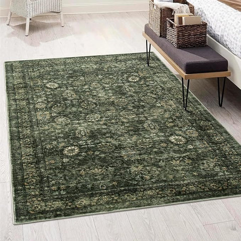 Morebes Washable Green 5x7 Area Rugs, Vintage Soft Bedroom Rug Non Slip, Non-Shedding Distressed Indoor Floor Throw Carpet for Bathroom Kitchen Living Dining Room Playroom Farmhouse