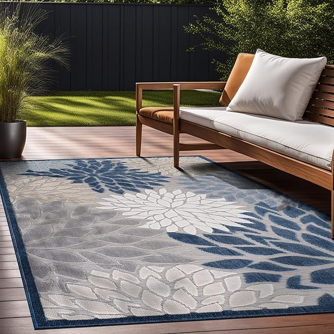 Beverly Rug Outdoor Rug 10x14 Large Modern Floral Tropical Area Rugs for Indoor and Outdoor Patio Easy to Clean Non Shedding Living Room Porch Garden Washable Outside Carpet (10 x 14 Blue)