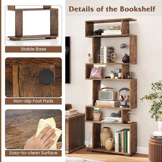 Tangkula 6-Tier S-Shaped Bookshelf, 64" Freestanding Geometric Bookcase, Home Office Wood Storage Shelf with Anti-Toppling Device, Room Divider Display Rack for Study, Living Room (2, Rustic Brown)