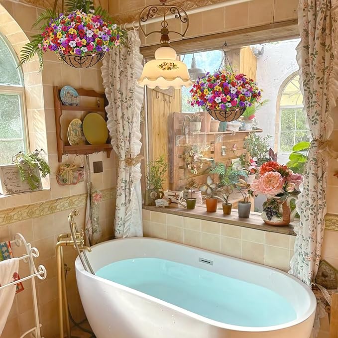 Alynsehom 2 Set Artificial Flowers with Hanging Basket, 2 Outdoor Hanging Plants with 24pcs Faux UV Resistant Fake Silk Azalea in Baskets for Porch Garden Patio Balcony Yard Home Decor(6 Colors)