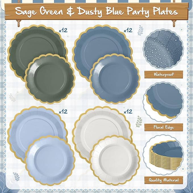 338 Pcs Blue and Sage Green Plates and Napkins Party Supplies for Guests Dusty Blue Tableware Include Scalloped Plates Paper Napkin Cup Spoon Fork Knife for Baby Shower, Wedding, Birthday
