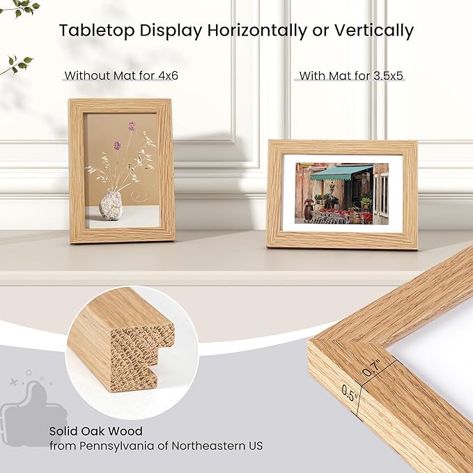 Axeman Solid Oak 4x6 Photo Frame - 3.5x5 Mat, Hanging Hardware Included - Natural, 3 PCs
