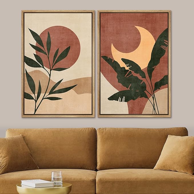 SIGNFORD Framed Canvas Print Wall Art Set Sun & Moon Mid-Century Desert Plants Abstract Shapes Illustration Modern Art Decorative Nordic Nature for Living Room, Bedroom, Office - 16"x24"x2 Natural