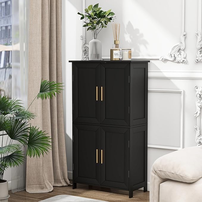 Bathroom Storage Floor Cabinet Freestanding Organizer with Adjustable Shelves for Bathroom Bedroom Laundry Room,4 Doors