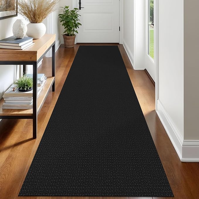 IOHOUZE Washable Runner Rug 2.6x12 Non Slip Rubber Backed Extra Long Hallway Runner Entryway Runner Indoor, Kitchen Rugs Woven Cotton Floor Carpet for Hall Entrance Stair, Black/Grey