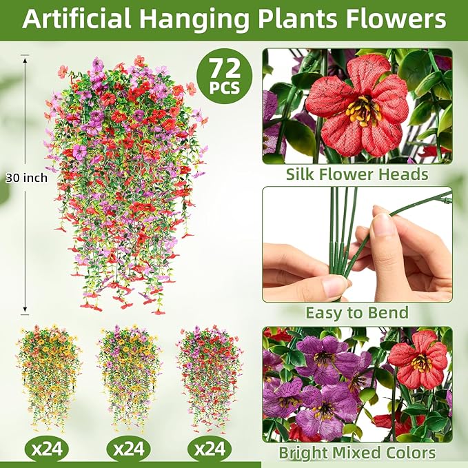 Hoteam 72 Pack Artificial Hanging Flowers Plants for Outdoors 30 Inch UV Resistant Fake Plastic Faux Artificial Plants Bulk for Planter Porch Patio Yard Garden Wedding Wall Indoor