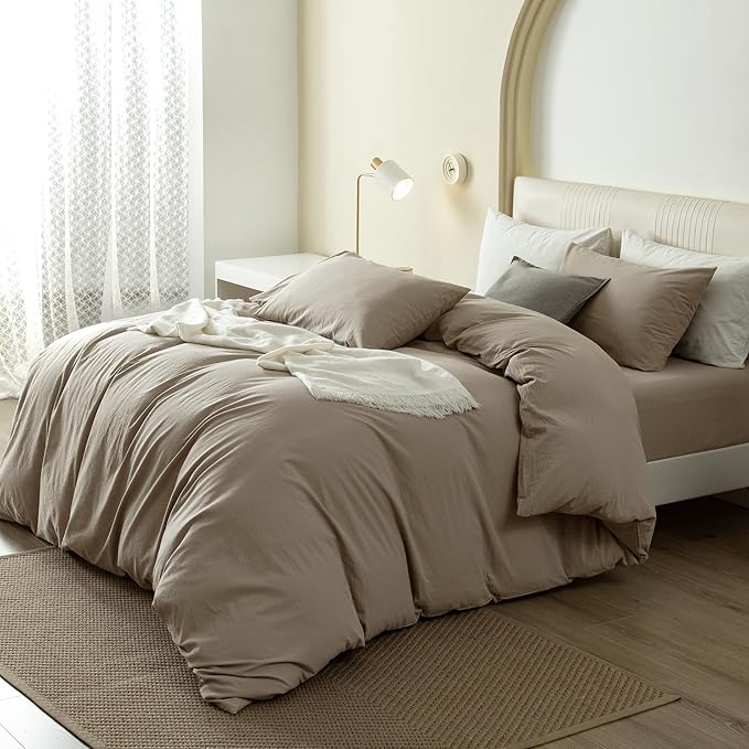 JIYUAN 100% Washed Cotton Duvet Cover Set 3 Pieces Queen, 1 Duvet Cover 90x90 Inches(Comforter Not Included) and 2 Pillowcases,Linen Feel Bedding Set Comfy and Breathable,Khaki