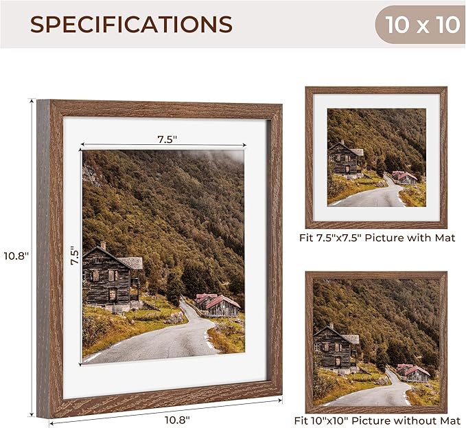 10x10 Picture Frame Set of 2, Solid Oak Wood Frame 10 x 10, 10 by 10 Wood Frames for Wall, 10x10 Picture Frame with Mat for 8x8, Square 10"x10" Photo Frames Real Glass, Walnut Color, 2 Pack
