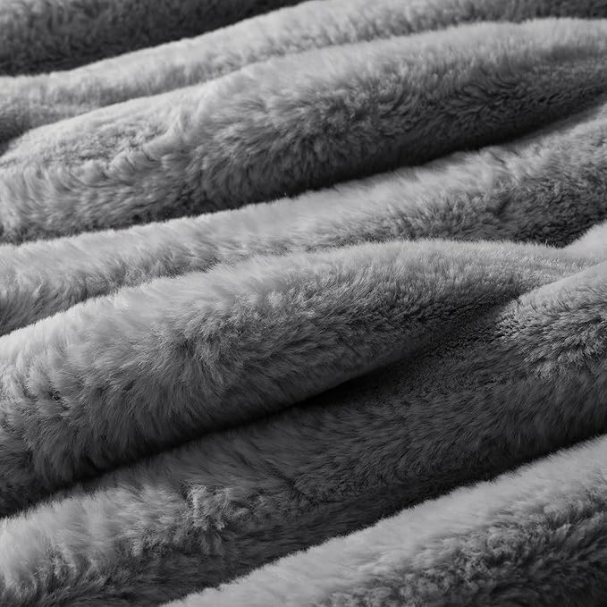 WDCOZY Faux Fur Throw Blanket Striped Super Soft Cozy Fluffy Luxurious Blankets Couch Bed Sofa Chair Home Decor Warm Furry Fall Winter Plush Lightweight Rabbit Fur Bubble Blanket 60" x 80", Darkgrey