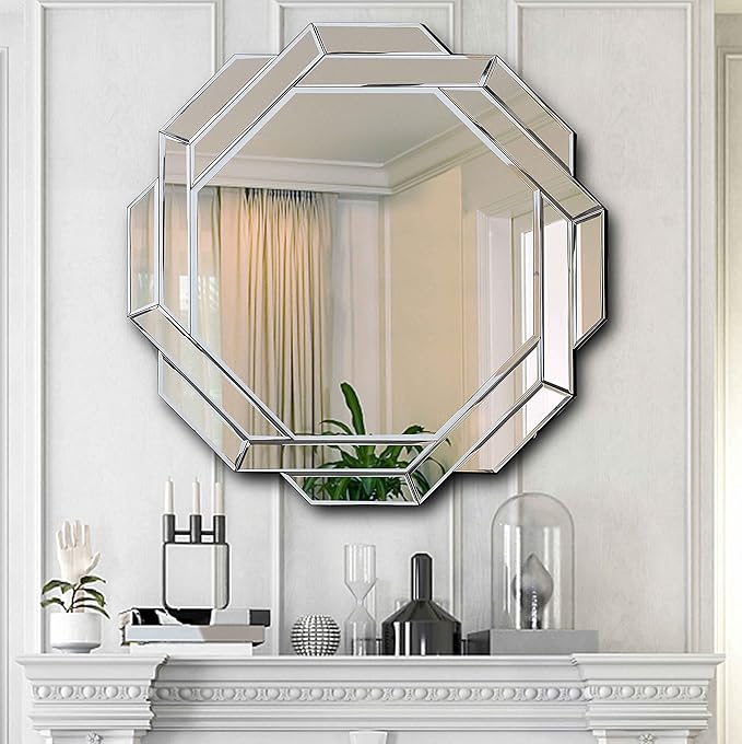 Hlartdecor Helicoid Frameless Beveled Decor Silver Polished Mirror for Wall Decorating(23.6X23.6inches).HFY Hexagon Decorative Mirror.