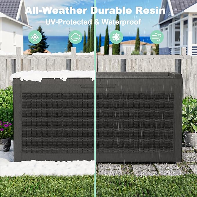 60 Gallon Deck Box,Resin Outdoor Storage Box with Lockable for Patio Furniture, Pool Accessories, Garden Tools, Waterproof Outside Storage Box, Black Pattern