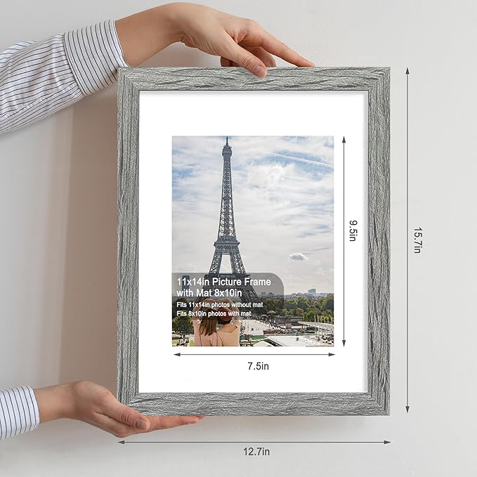 11x14 Picture Frame Set of 2, Made of Glass and Rustic Grey Wooden Frame, Display 8x10 Pictures with Mat or 11 x 14 Posters without Mat for Wall Mounting, Gallery Photo Frames