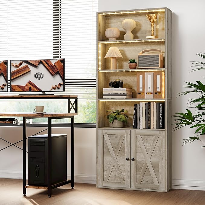 IRONCK Tall Bookcase with LED Lights, 70 in Industrial Bookshelf Display Shelf Floor Standing for Home Office, Living Room, Bed Room