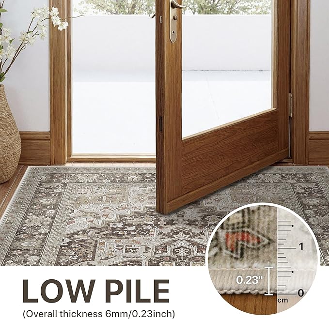 GENIMO 5X7 Area Rugs for Living Room, Machine Washable Vintage Floor Cover Foldable Modern Non Slip Rug, Low Pile Soft Indoor Carpet Floral Print Mat Rug,Bedroom/Dining Room/Home Office,Taupe