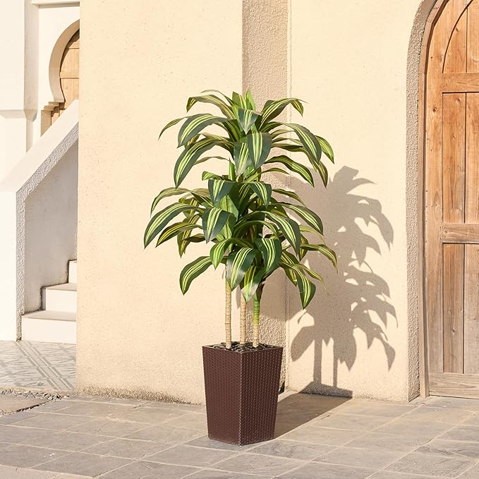 Artificial Dracaena Tree 5ft – UV Resistant Tall Fake Plant with Large Taper Planter & Pebbles– Large Potted Faux Tree for Indoor & Outdoor, Living Room, Office, Porch, Home Decor, VN127