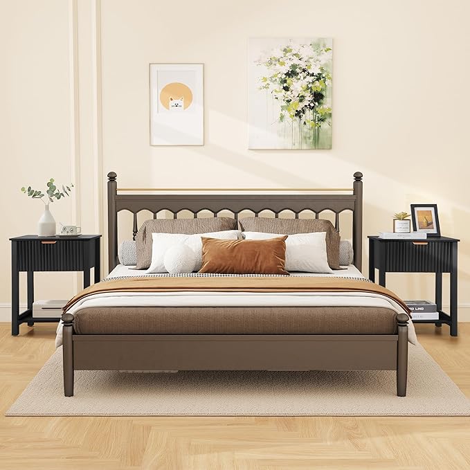 Modern Night Stand Set 2 with Drawer, Black Nightstand for Bedroom, Small End Table with Storage, Living Room/Bed Side Table with Drawer for Small Spaces, Fluted Nightstand Set of 2
