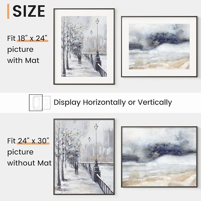 24x30 inch Metal Poster Frame - 24 x 30 Thin Aluminum Picture Frames Matted for 18x24 Photos, Artworks, Prints, Puzzle - High Definition Plexiglass - Vertical and Horizontal Display - Wall Hook Hanging Hardware Included - Black, Set of 1