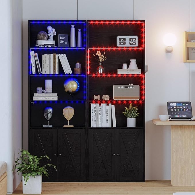 IRONCK Tall Bookcase with LED Lights, 70 in Industrial Bookshelf Display Shelf Floor Standing for Home Office, Living Room, Bed Room