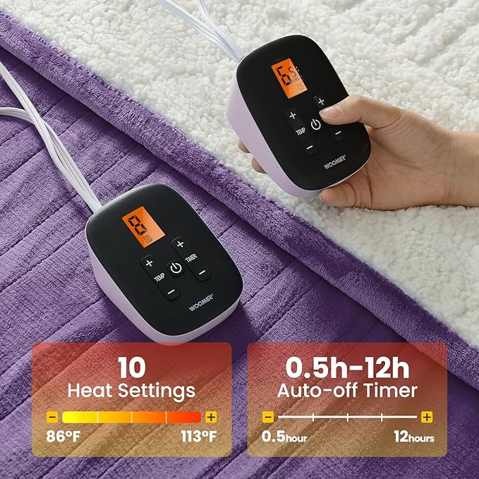 WOOMER Electric Heated Blanket Queen Size, Soft Flannel Fast Heating Blanket, Purple Color, 84"x 90", 10 Heating Levels & 0.5-12H Auto Off, Over-Heat Protection