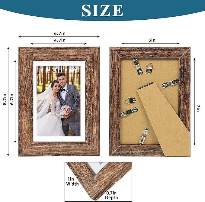5x7 Picture Frame Set of 2, Made of Real Glass and Rustic Brown Wooden Frame - Display Pictures 4x6 with Mat or 5x7 Without Mat, 5 by 7 Photo Frame for Wall or Tabletop Display