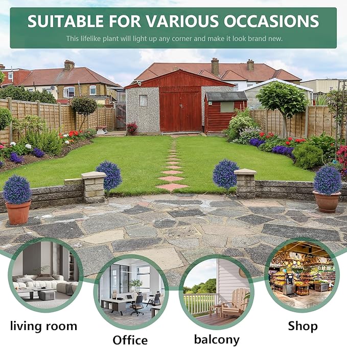 23.6'' Faux Lavender Topiaries Set of 2 with Ground Spikes for Spring Front Porch Decor, Fake Bushes UV Resistant, Artificial Shrubs Outdoor Plants Fake Evergreen Tree for Outdoor Garden
