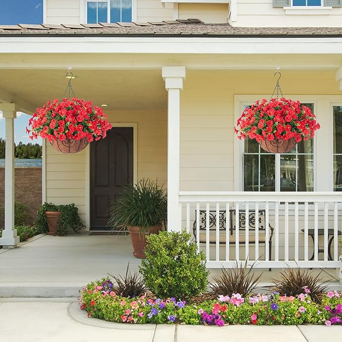 Artificial Fake Hanging Flowers Plants Baskets for Outdoor Decoration, Faux Silk Red Morning Glory in Planter Look Real UV Resistant Artificial Flower for Outside Porch Patio Garden Yard Home Decor