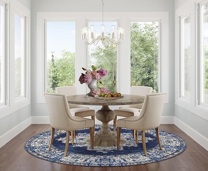 vivorug Round Rug 4ft Vintage Round Area Rug Non-Slip Indoor Carpet for Living Room Bedroom Entryway, Stain Resistant Home Decor Circle Rug, Navy Blue