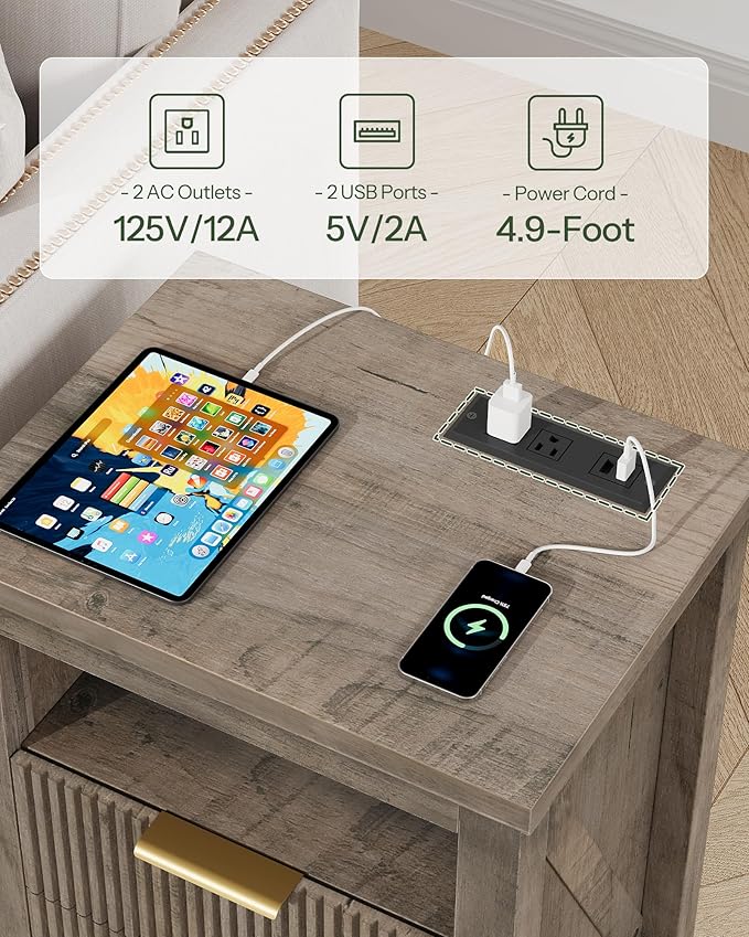 Fluted Nightstand, End Table with Charging Station and 2 Drawers, Farmhouse Nightstands with Fluted Panel, Engineered Wood Side Table for Bedroom Greige MBZ06UFH