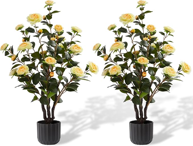 3.2FT Artificial Camellia Trees, Yellow Silk Flowers, Indoor Faux Plants with Realistic Trunk in Black Cement Pot for Home House Living Room Bedroom Office Decor, 2pcs