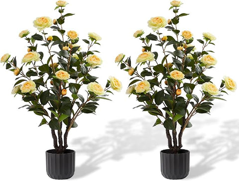 3.2FT Artificial Camellia Trees, Yellow Silk Flowers, Indoor Faux Plants with Realistic Trunk in Black Cement Pot for Home House Living Room Bedroom Office Decor, 2pcs