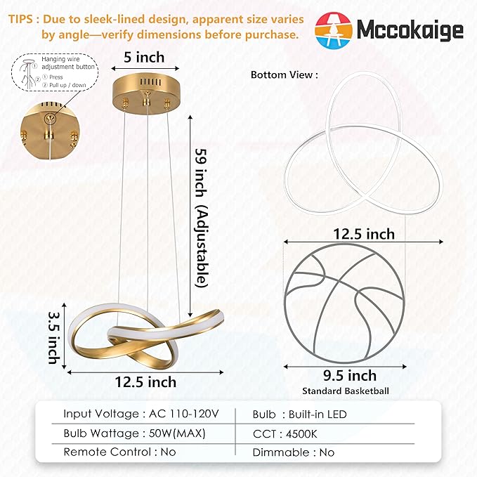 Modern LED Chandelier Contemporary Pendant Lighting Ring Light Fixture Gold with 4500K and 59in Height Adjustable Hanging Lamp for Kitchen Island Hallway Foyer Closet Corridor