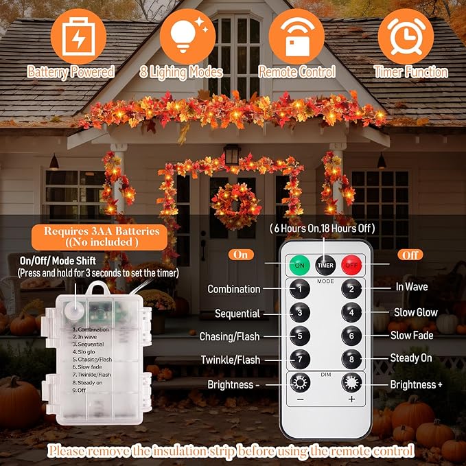 VIHOSE 2 Pack Thanksgiving Maple Leaves Garland Fall Decor 11.5 ft 40 LED with Pumpkin Lights Battery Operated and Timer Remote for Home Thanksgiving Halloween Decor(Colorful)
