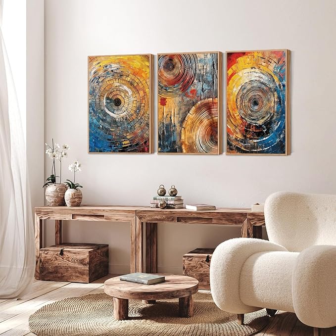 Large Colorful Tree Ring Framed Canvas Wall Art,Modern Tree Stump Wall Decor,Abstract Wood Grain Artwork,Neutral Botanical Annual Ring Art Print for Living Room,Bedroom,Office-24 x36 x3