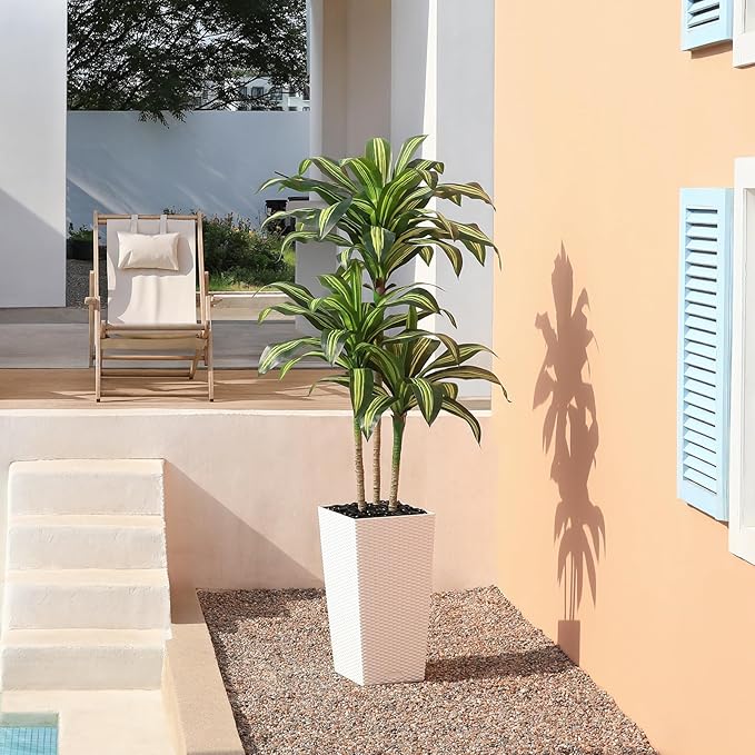 Artificial Dracaena Tree, 6FT UV Resistant Fake Plants with White Taper Planter, Lifelike Tall Artificial Floor Plants for Indoor & Outdoor, Faux Tree for Home Courtyard Decor
