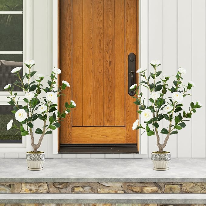 Goplus 36’’ Artificial Camellia Tree, 2 Pack Flower Plants Artificial Tree, Faux Floral Plant Blooming Tree in Nursery Pot, Greenery Potted Plant for Indoor Office Home Porch Decor, White