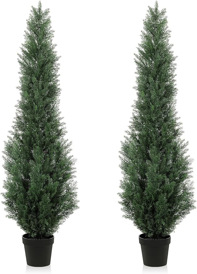 5FT Artificial Cedar Trees - Realistic Faux Evergreen Topiary Bushes Plants - Outdoor Potted Fake Cypress Shrubs for Front Porch Garden Home Decor - Set of 2