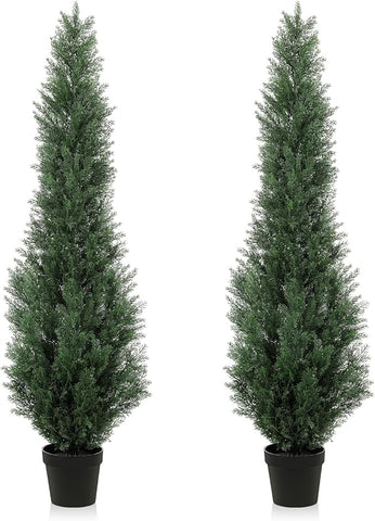 5FT Artificial Cedar Trees - Realistic Faux Evergreen Topiary Bushes Plants - Outdoor Potted Fake Cypress Shrubs for Front Porch Garden Home Decor - Set of 2