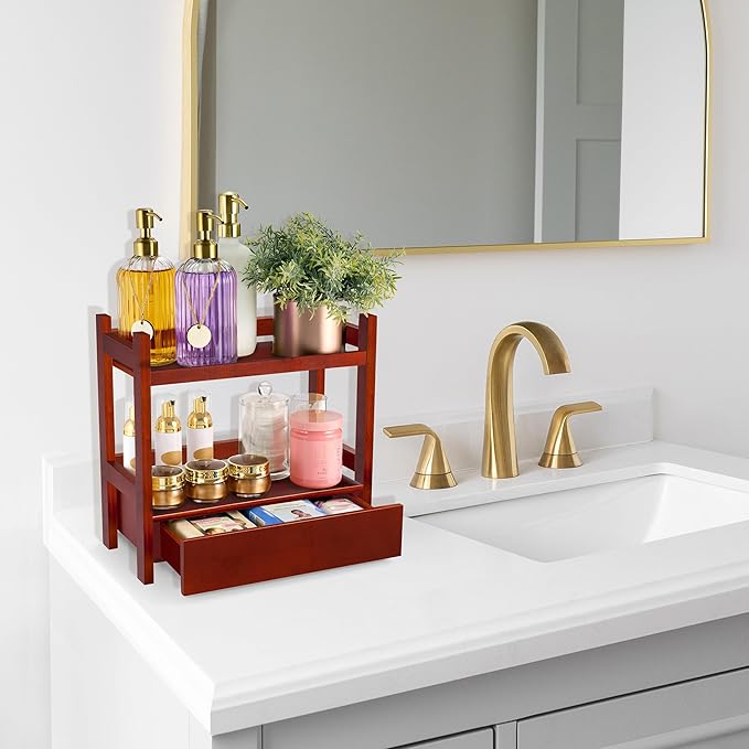 Sorbus Bamboo Bathroom Counter Organizer – 2-Tier Shelf with Hidden Drawer for Vanity, Matcha Station, Bathroom Sink Organizer Countertop, Kitchen & Office Storage (13″ L x 6.5″ W x 12.6″ H) (Brown)