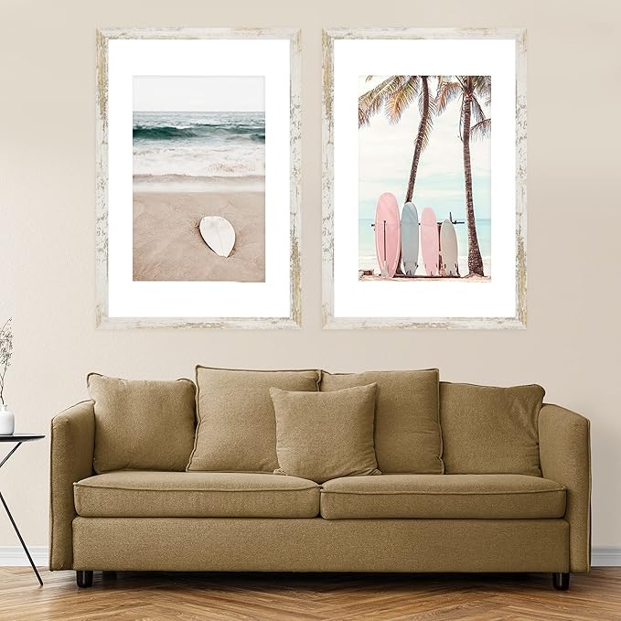 16x24 Frame Set of 2, Distressed White Wood Style - Display 16 x 24 Picture without Mat or 12x18 Picture with Mat, Wall Mounting Horizontal and Vertical