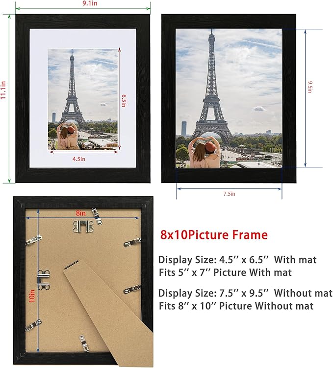8x10 Picture Frame Set of 2, Made of Real Glass and Rustic Black Wooden Frame - Display Picture 5x7 with Mat or 8x10 Without Mat, 8 by 10 Photo for Wall or Tabletop