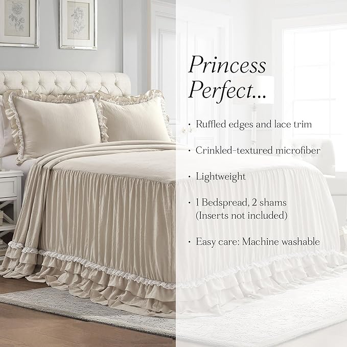 Lush Decor Ella Ruffle Lace Bedspread, 3 Piece Set, Queen, Neutral - Cute Bed Set - Queen Bedding - Beige Bedding - Coquette Decor - Neutral Ruffle Trim - Beige Lace Trim