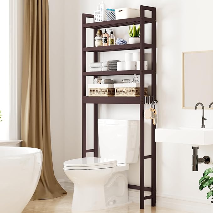 Smiry Over The Toilet Storage Cabinet, 4-Tier Bamboo Bathroom Organizers with Adjustable Shelf & 4 Hooks, Space Saving Shelf Rack for Bathrooms, Laundry Room, Balcony, Brown