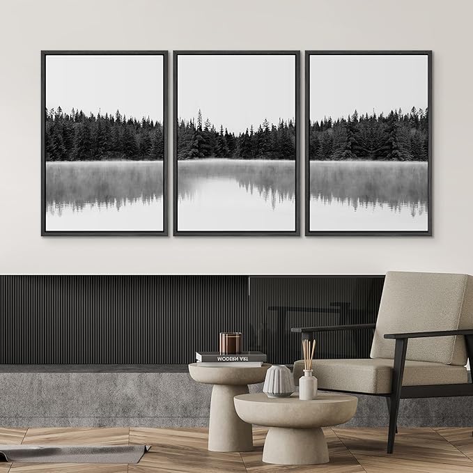 SIGNWIN 3 Piece Framed Canvas Wall Art Woodland Nursery Decor Black and White Forest with Lake Nature Abstract Traditional Home Artwork Decoration for Living Room,Bedroom - 24"x36"x3 Black