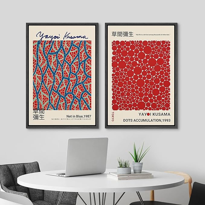 MUDECOR Framed Canvas Print Wall Art Blue Red Dots by Yayoi Kusama Japanese Nature Illustration Modern Art Decorative Multicolor Geometric Minimal for Bedroom - 16"x24"x2 Black